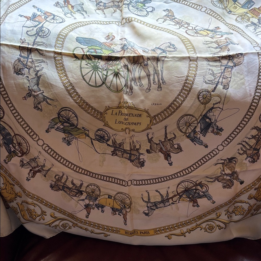 Hermes La Promenade de Longchamps Silk Scarf — Cream, Gold & Blue Accents